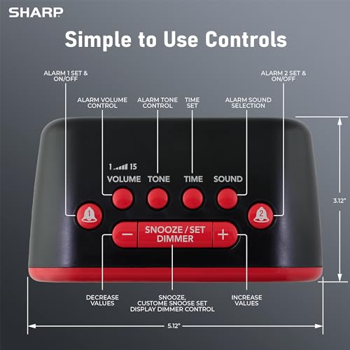 Image of Sharp Big Bang Super Loud Alarm Clock for Heavy Sleepers, 115dB Extreme Wake-Up Alarm, Dual Alarms, 6 Wake Sounds, Large Red LED Display, Dimmer Control & Battery Backup, Bedroom Clock