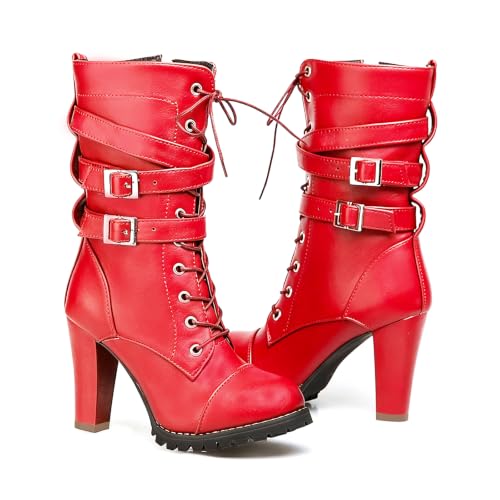 Image of Caradise Womens Lace Up Mid Calf Goth Chunky Heel Combat Boots with Buckles