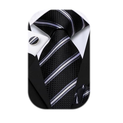 Hi-Tie Black and Silver Extra Long Ties for Men Striped Necktie and Pocket Square Cufflinks Set Men Big and Tall Tie Business