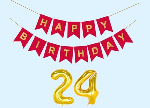 Image of 24th Happy Birthday Decoration Kit Red for 24 year Old Boys Girls Men with Number Twenty-four Party Decorations Decor Celebration Items Item Set Combo Reusable Paper Banner