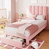 IDEALHOUSE Twin Bed Frame with Storage Drawer and Headboard, Velvet Upholstered Twin Platform Bed Frame for Girls, Strong Wooden Slats Support, Noise-Free, Easy Assembly (Pink)