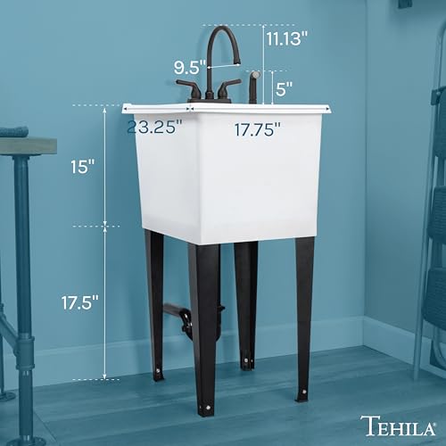 Image of Space Saver Utility Sink by JS Jackson Supplies, Gooseneck Faucet with Side Sprayer (White Tub, Black Faucet)