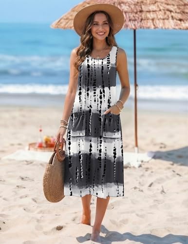 Image of Zeagoo Womens Summer Midi Dresses 2026 Casual Sleeveless Tank Sundresses A Line Crewneck Beach Vacation Dress with Pockets
