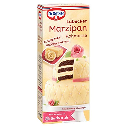 Dr. Oetker Lübecker Marzipan Rohmasse, 200 g, Marzipan-Rohmasse mit 53% Mandeln, zum Backen und Dekorieren von Torten, Kuchen & Gebäck, Qualität aus Lübeck, vegan