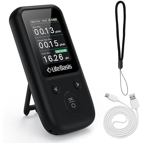 LifeBasis Nuclear Radiation Detector Geiger Counter, Rechargeable Radiation Dosimeter with TFT Display and Smart Alert Beta Gamma X-ray Radiation Monitor - with Lanyard and Bracket, Matte Black Cover