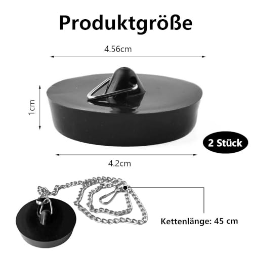 Dreamil Abflussstopfen 2 Stück Spüle Abflussstöpsel Gummistöpsel mit 45cm Edelstahl Stopperkette, Spülbecken-Abflussstöpsel für Badewanne, Küche, Badezimmer, Spülbeckenstopfen (45.6-42mm, schwarz)