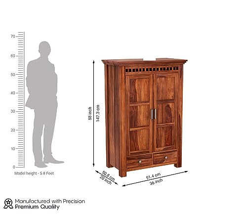 Image of Sheesham Wood Wooden 2 Door Wardrobe Organizer for Clothes | - Solid Wood Almirah with 2 Drawers, 2 Shelves - with Hanging Space Cupboard for Large Bedroom (Design 15)