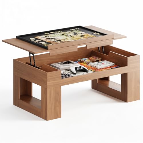 GOUUN Lift Top Coffee Table with Puzzle Tray, Modern Wood Center Table with Hidden Storage & Charging Station for Living Room, Brown