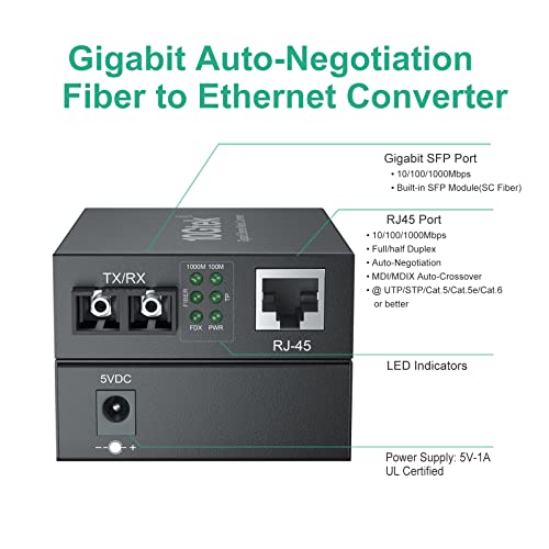 Gigabit Single-Mode Sc Fiber To Ethernet Media Converter, Built-In Sfp Lx Fiber Module, 1310Nm, Smf, Duplex, Up To 20-Km, 1000Base-Lx (Dual Sc Fiber) To 10/100/1000Base-Tx (Utp/Stp/Cat5E/Cat6 Rj45) #TOP3
