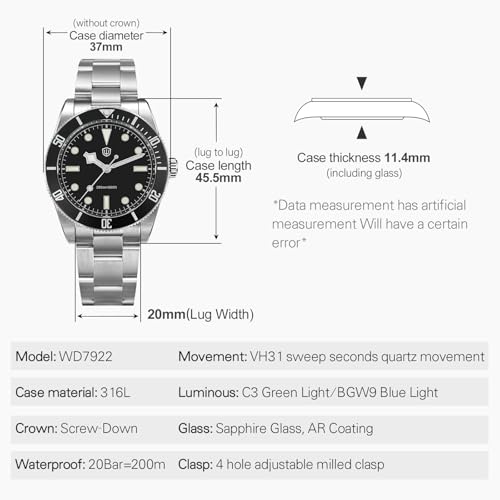 Image of watchdives VH31 Quartz Watches, WD7922 BB54 Mens Watch 37mm Sapphire Crystal Luxury Wrist Watch 20Bar Diver Watches Analog Luminous Watch