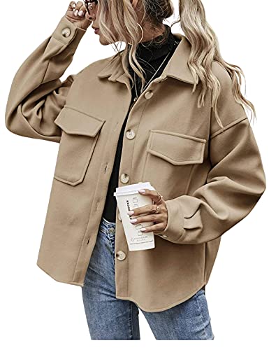 Hooever Women's Winter Wool Coat Casual Notch Lapel Single-Breasted Peacoat, Light Khaki01, Medium