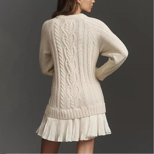 Women Crewneck Cable Knit Sweater Mini Dress, Versatile Faux 2-Pc Design, Cinched Waist A-Line Skirt, Crinkled Hem for Autumn4