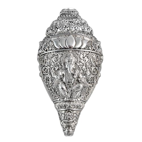 Image of DIVINITI 999 Silver Plated Sacred Ganesha Shankh with Luxury Velvet Gift Box|Antique Silver Finish Decorative Conch Shell for Home Temple, Pooja Room & Spiritual Decor|Auspicious Vastu Gift|14 x 8 cm