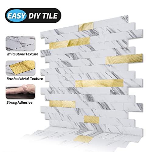 Art3D 10-Sheet Peel And Stick Backsplash Tile For Kitchen Bathroom Fireplace Laundry Room In White Slate With Gold Studded #TOP6