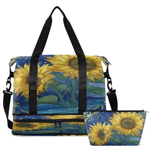 Stars Sunflower Blue Travel Duffel Bag for Women Men Gym Bag with Shoe Compartment Wet Pocket Carry On Weekender Overnight Bags for Airline Travel Gym