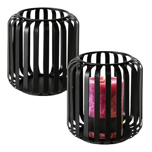 Metall Gitter Windlicht schwarz 12 x 10 cm - 2er Set - Eleganter Kerzenhalter rund - Tisch Deko Laterne Kerzenständer Zimmerlaterne Kerzenleuchter Halter für Stumpenkerze Teelicht