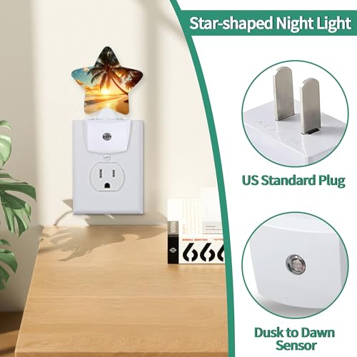 Image of Sunset Beach Plug in Star Night Light, Night Light with Sensor for Kids Nursery Bedroom, Decorative Soft Glow Lamp for Hallway Bathroom, Energy Saving