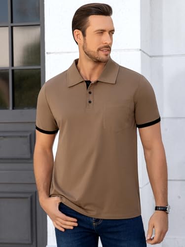 Polo para hombre con puños contrastantes y cuello de verano, casual, de manga corta y 3 botones, con bolsillo miniatura 5