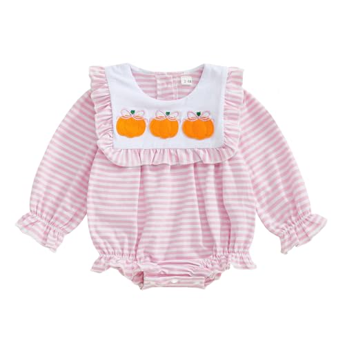 Baby Girl Halloween Thanksgiving Outfit Pumpkin Embroidery Striped Ruffle Long Sleeve Bubble Romper Fall Clothes