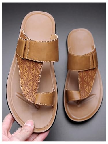 Image of GORGLITTER Men's Leather Sandals Slide Beach Outdoor Round Flip Flops Slip On Slippers