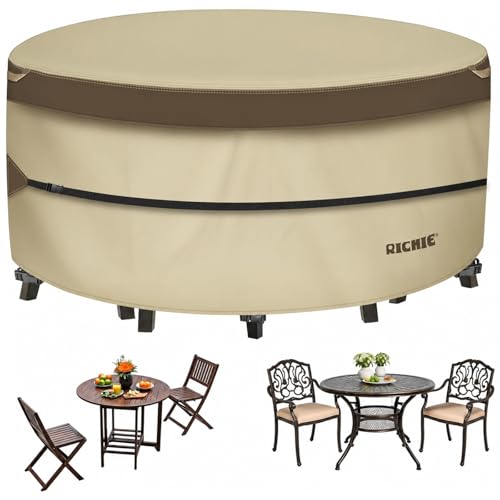 RICHIE Outdoor Patio Furniture Cover - Heavy Duty Waterproof 600D Tough Canvas Protector for Round Table Cover All-Season Dining Table and Chair Cover (48DIAx28H)