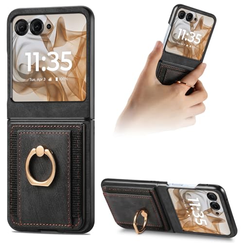 PAOBIR for Motorola Moto Razr 2024 with Card Holder,Wallet Phone Case with Built-in Rotate Ring Stand PU Leather Protective Kickstand Case for Women Girls Motorola Moto Razr 2024 Black