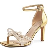 AIUNIIND Women's Double Bowknots Heels Square Open Toe Ankle Strap Rhinestone Dress Shoes for Party Wedding Gold 8