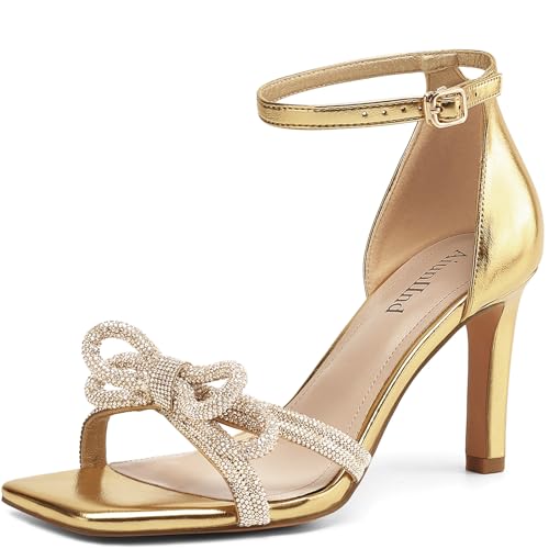 Women's Double Bowknots Heels Square Open Toe Ankle Strap Rhinestone Dress Shoes for Party Wedding