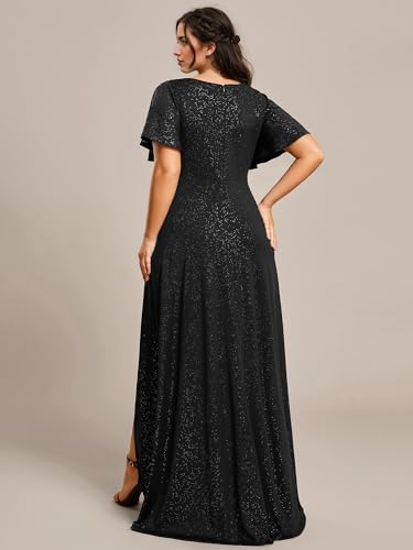 Image of Ever-Pretty Womens Glitter High Low Plus Size Cocktail Wedding Guest Dress | V-Neck, Ruffle Sleeve, High Stretch, A-Line, Front Slit, Plus Size Formal Dresses Evening Gowns
