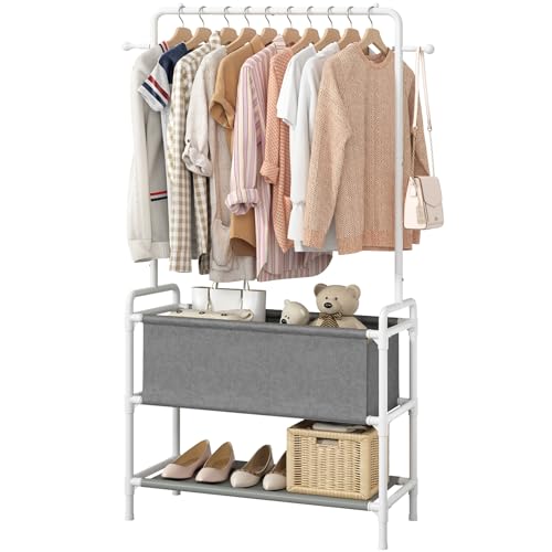 Image of Calmootey Clothing Rack with Storage Bag, 3-in-1 Garment Rack, Non-woven Shelves for Shoes, Clothes Rack for Bedroom, Hallway, Entryway, White&Grey