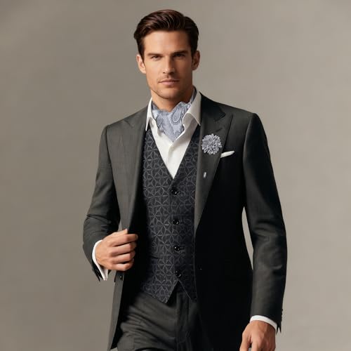 Image of DiBanGu Mens Silk Ascot Ties Paisley Jacquard Woven Cravat and Pocket Square Cufflinks with Lapel Pin for Business Wedding