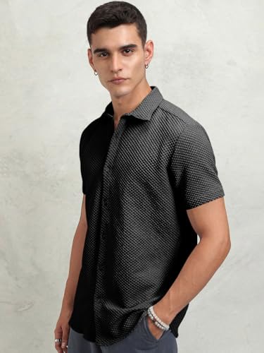 Image of Zombom Men's Poly Cotton Textured Short Sleeve Shirt | Slim Fit Casual Wear | Premium Stretch Fabric | Button Down Collar | Stylish Party Shirt for Men