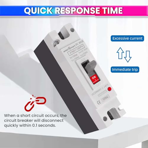 Image of amiciSmart Solar Molded Case DC Circuit Breaker MCCB 125A 1P | 250V /600V DC Overload & Short Circuit Protection Switch | High 50kA Icu Capacity for Photovoltaic PV & DC Power Systems