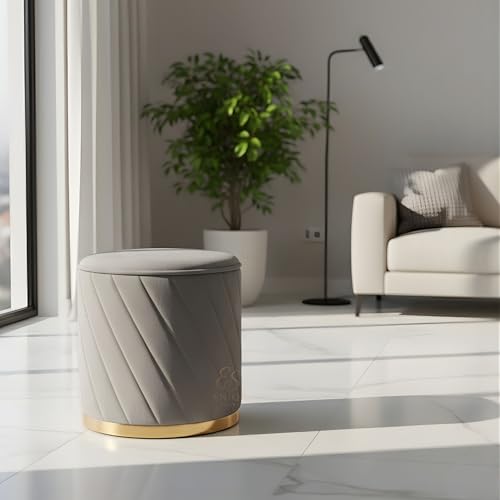 Image of Luxury Round Velvet Ottoman Stool with Gold Base - Modern Upholstered Footrest Pouffe, Tufted Vanity Seat, Living Room Bedroom Dressing Stool (Grey)