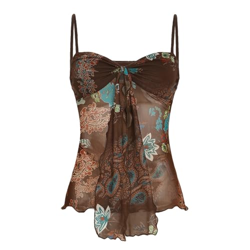 Women's Casual Summer Spaghetti Strap Tank Tops Vintage Boho Floral Cami Print Sleeveless V Neck Strappy Shirts (Brown,Small,2)