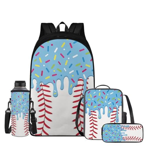 Tansealive Blue Ice Cream Drip Backpack 4 Piece 17in Baseball Drip Backpack Insulated Lunch Box Pencil Bag with Independent Water Bottle Pocket Simple Elegant School Use