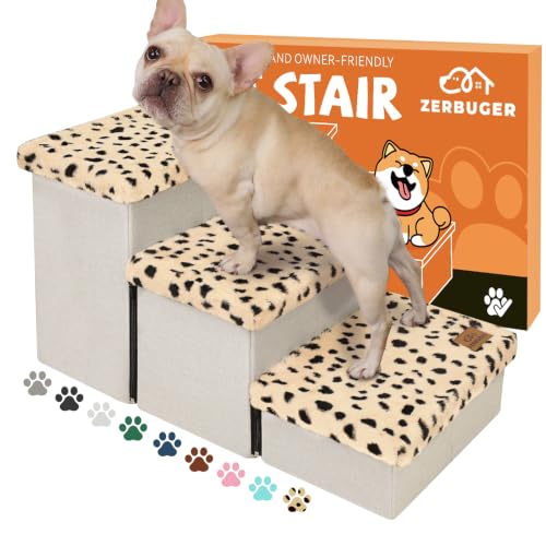 Image of Zerbuger Dog Stairs for High Beds, Folding Pet Stairs Gift for Dogs Puppy with Storage for Bed Couch, Cat Dog Ramp Hold Up to 200 lbs (Beige Leopard, 3 Steps No Condo(31 inch D x 17 inch W x 17.7 inch H))