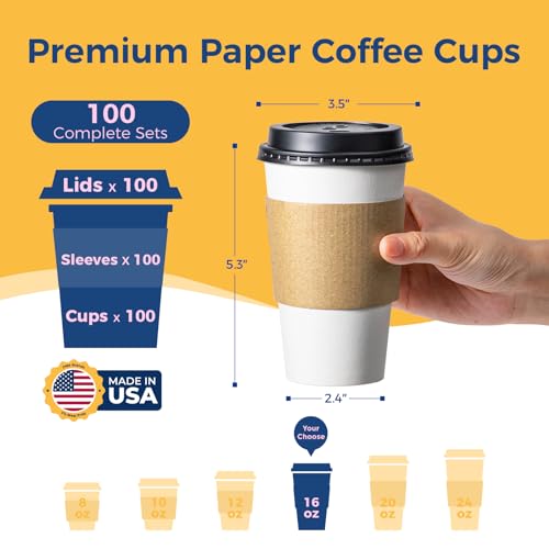 image for Fit Meal Prep 100 Pack 16 oz Disposable Coffee Cups with Lids, Sleeves