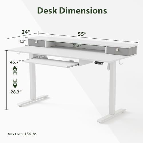 Image of Agilestic Electric Standing Desk with 2 Drawers and Keyboard Tray, 55 x 24 Inches Ergonomic Adjustable Height Desk with Storage, Sit Stand up Desk Computer Workstation, White