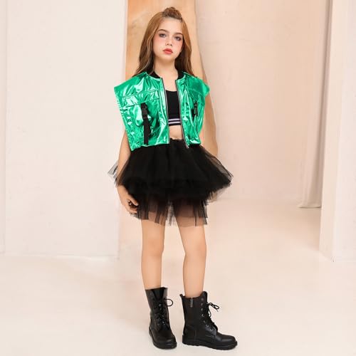 Image of Perfashion Girls Vest Cropped Cargo Metallic Jacket Buckle Zip Up With Pockets Streetwear Outfit 4-13Y
