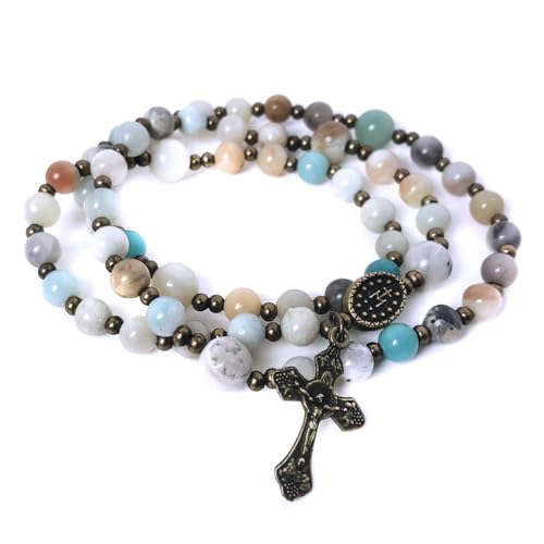 Christian Catholic Amazonite Stone Twistable 5 Decade Rosary Bracelet with Virgin Mary Our Lady of Graces Medal Charm and Crucifix - Catholic Gift