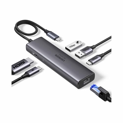 Ugreen Hub USB-C 6 em 1, HDMI 4K a 60Hz, 2X USB-A 10Gbps, LAN 1Gbps, entrega de energia de 100W, CM512