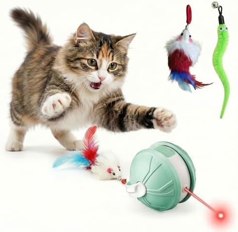 2026 Upgraded Interactive Cat Toy Ball with Infrared Light, Automatic Motion Cat Toy for Indoor Cats, Rechargeable Smart Rolling Cat Ball with 2 Speed Modes, Quiet Motor, Replaceable Tails,Green