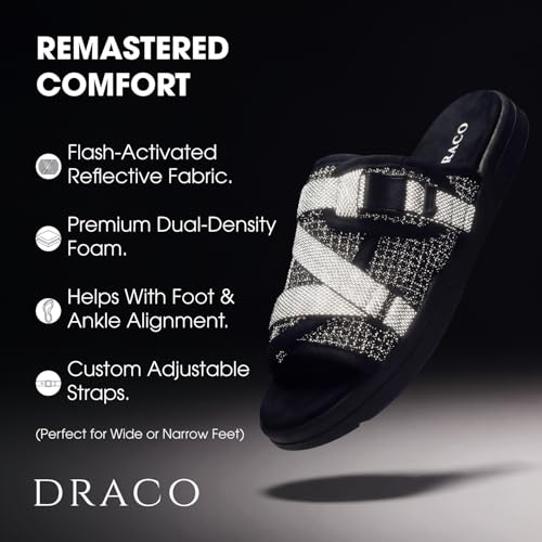 Image of Draco DracoSlides Reflective Slides for Men and Women, Wrapped in Reflective 3M with Adjustable Straps for Wide /Narrow Feet, Sandals with Arch Support & Slip Resistant, Men & Women Footwear, Black