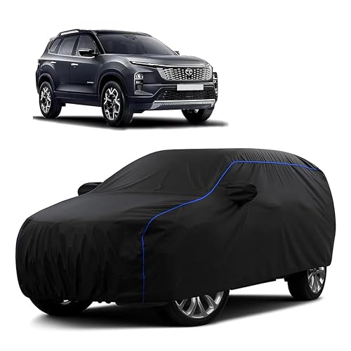 Image of Sulfar 100% Water Resistant Car Body Cover Compatible with Mirror for Tata Safari (Triple Stitched, Full Bottom Elastic, Black Tafetta with Blue Piping)