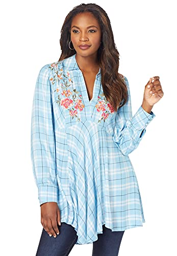 Roaman s Women s Plus Size Plaid Fit-And-Flare Tunic Long Shirt Blouse - 32 W, Soft Sky Embroidered Tartan Multicolored