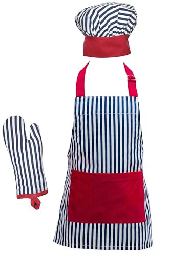 Coleção de utensílios de cozinha em suporte de mão com estampa ousada 100% algodão, Bold Navy Stripe, Child's Chef's Set, 1
