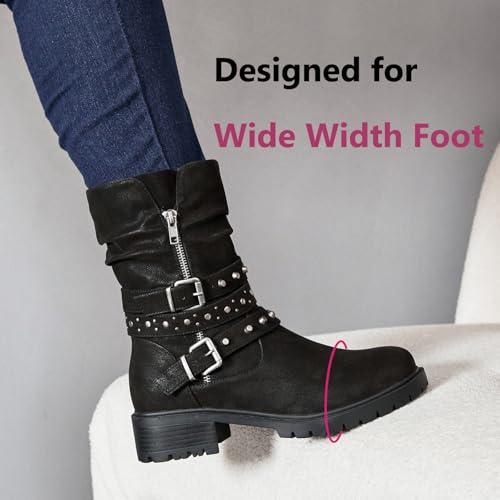 Women's Wide Width Ankle Boots True Plus Size Wide Foot Flat Slouchy Booties Comfort Riding Combat Rivet Short Boots for Women.2