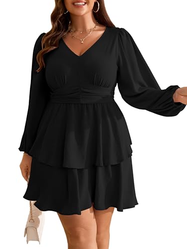 RWJ Plus Size Dresses for Curvy Women V Neck Long Sleeve Elastic Waist Fall Wedding Guest Layer Casual Mini Dress