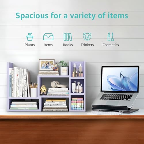 Image of NUTIKAS Desk Shelves Desktop Organizer Shlef - Purple Office Organization for Top of Desk Organizers and Accessories Corner Bookshelf Table Top Shelving Small Hutch Decorations for Women Office